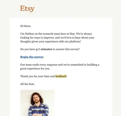 etsy customer satisfaction survey email with request to participate in a survey about platform experience, customer satisfaction survey examples