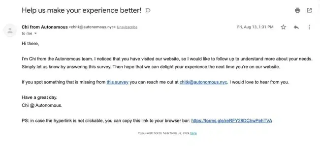 autonomous website feedback survey initiation email, customer satisfaction survey examples