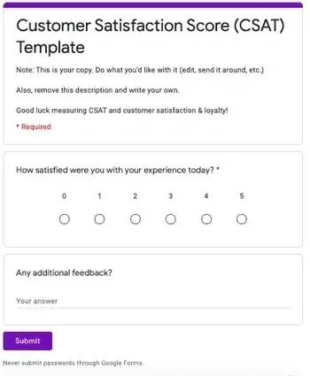 customer satisfaction score survey templates with a scale of 0-5 and an open-ended question for feedback, customer service survey template