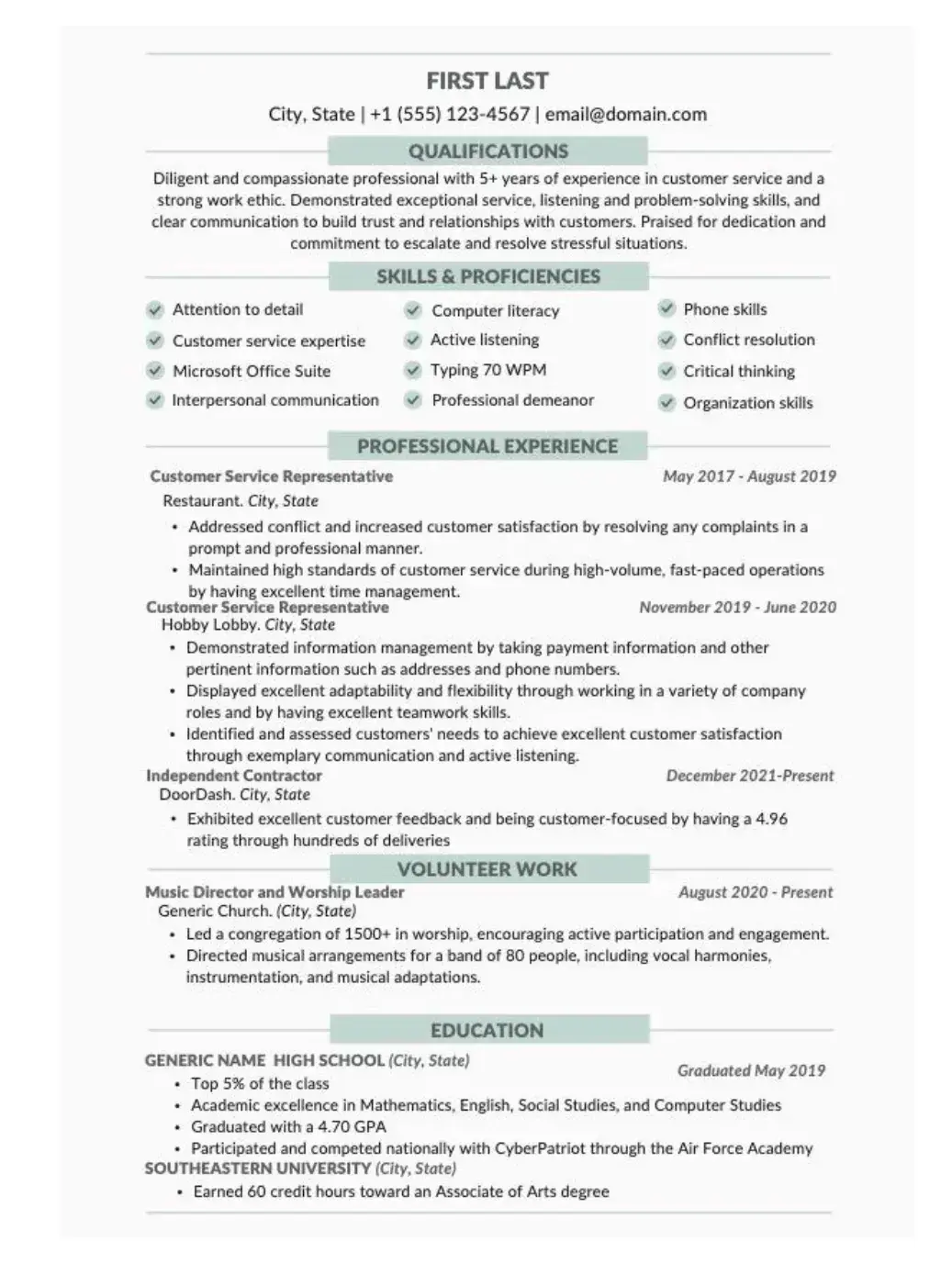 a detailed resume of a customer service representative with more than five years of experience.