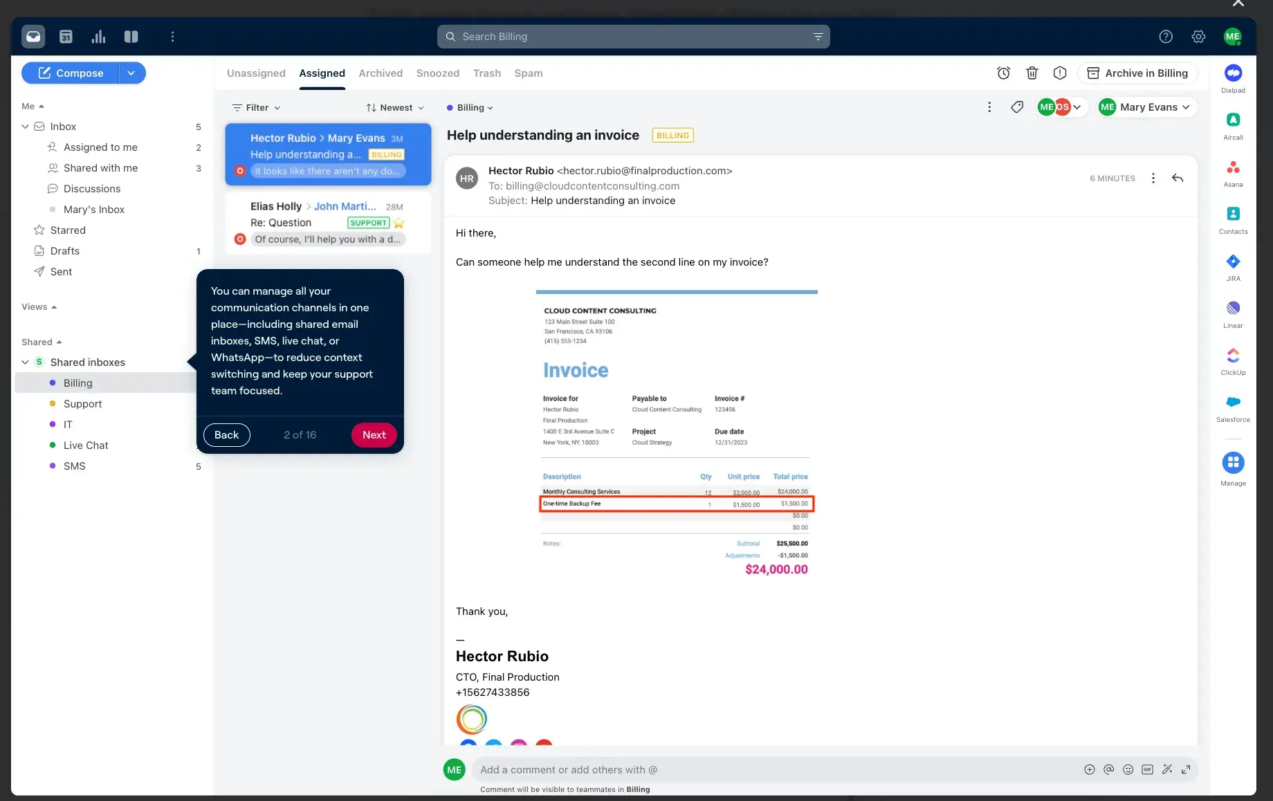 Front customer service software, dashboard