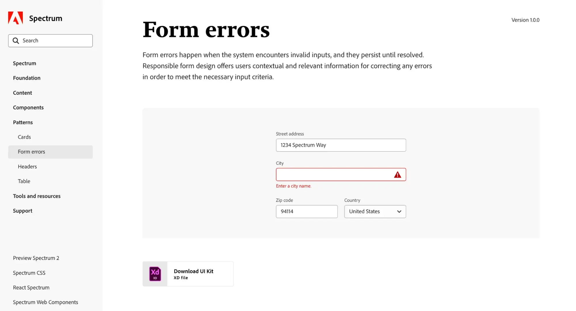 Adobe Spectrum form errors guidance screenshot