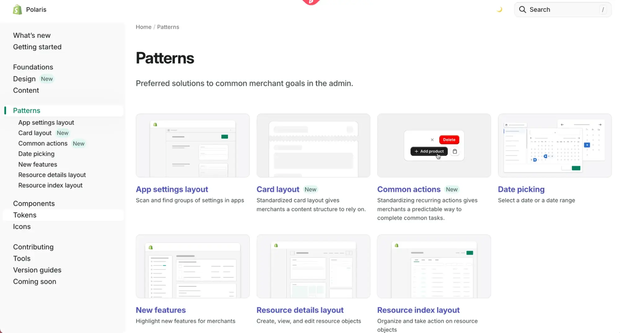 Shopify Polaris design system patterns screenshot