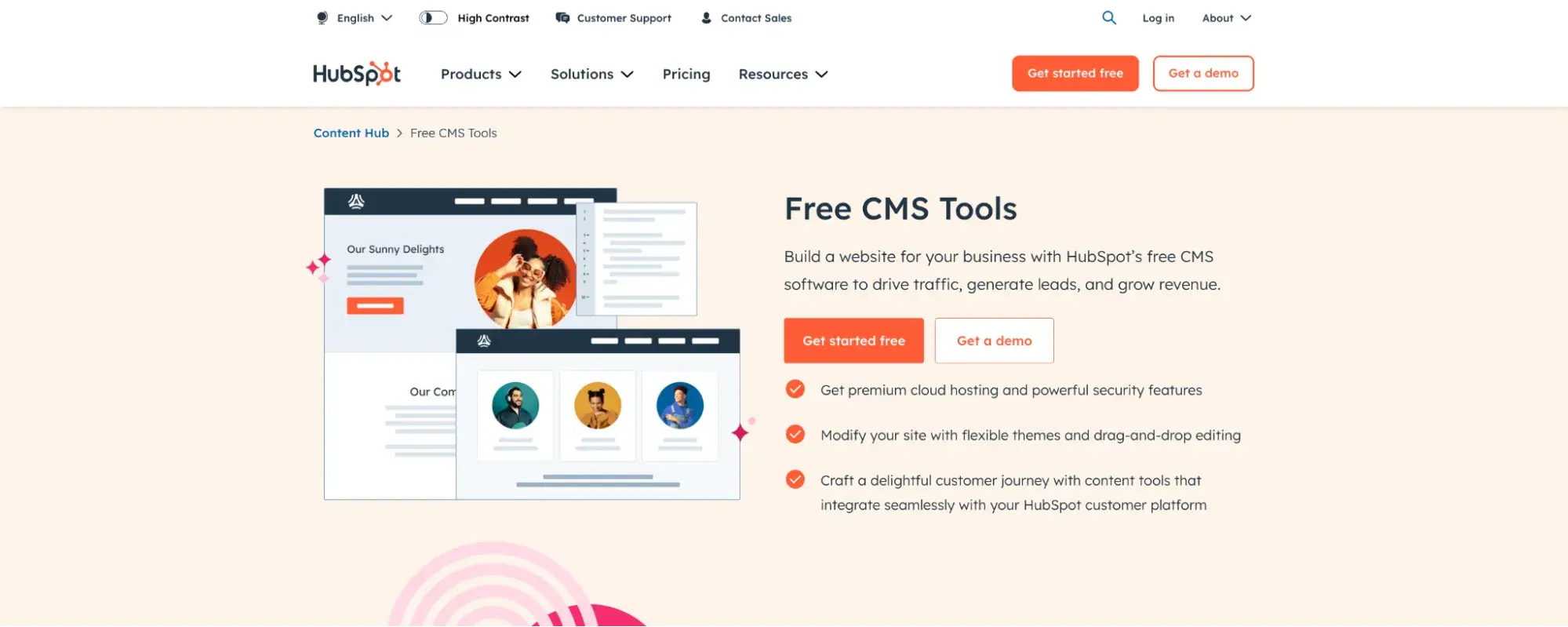 screenshot of HubSpot page showing free CMS tools