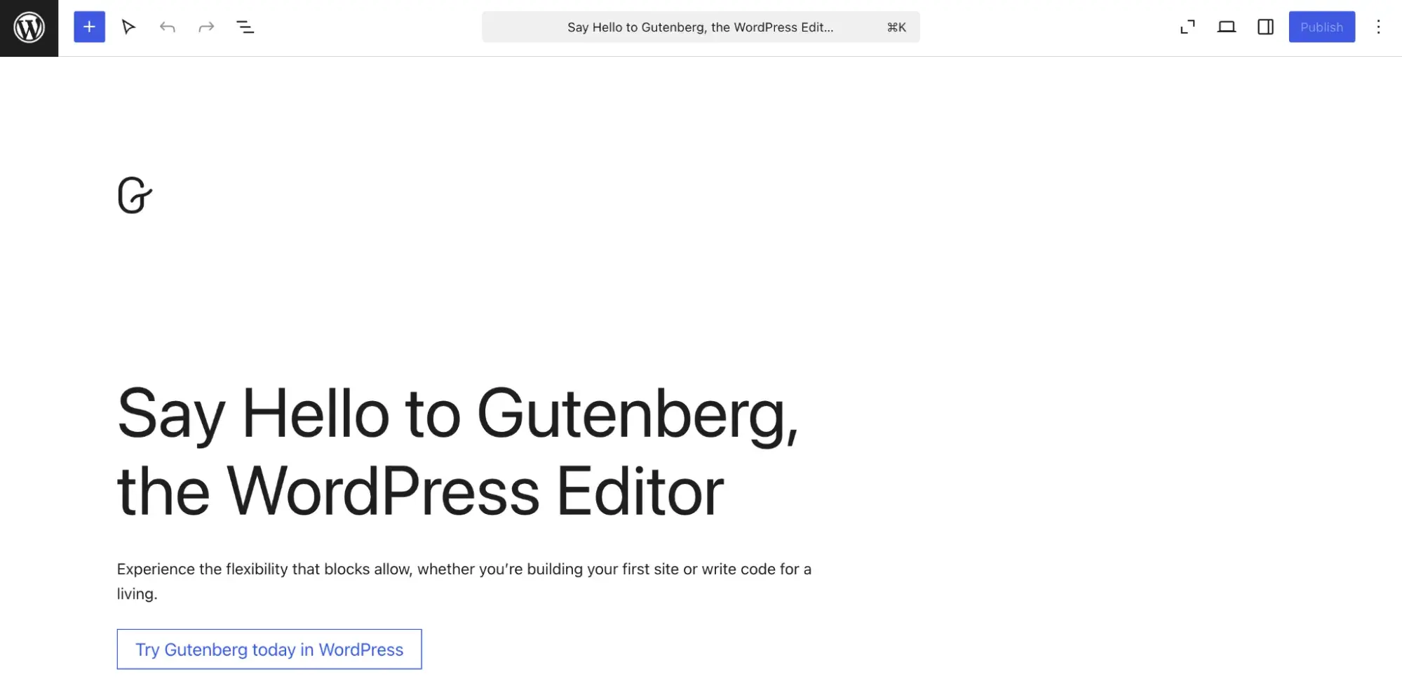 Display of WordPress Editor, Gutenberg