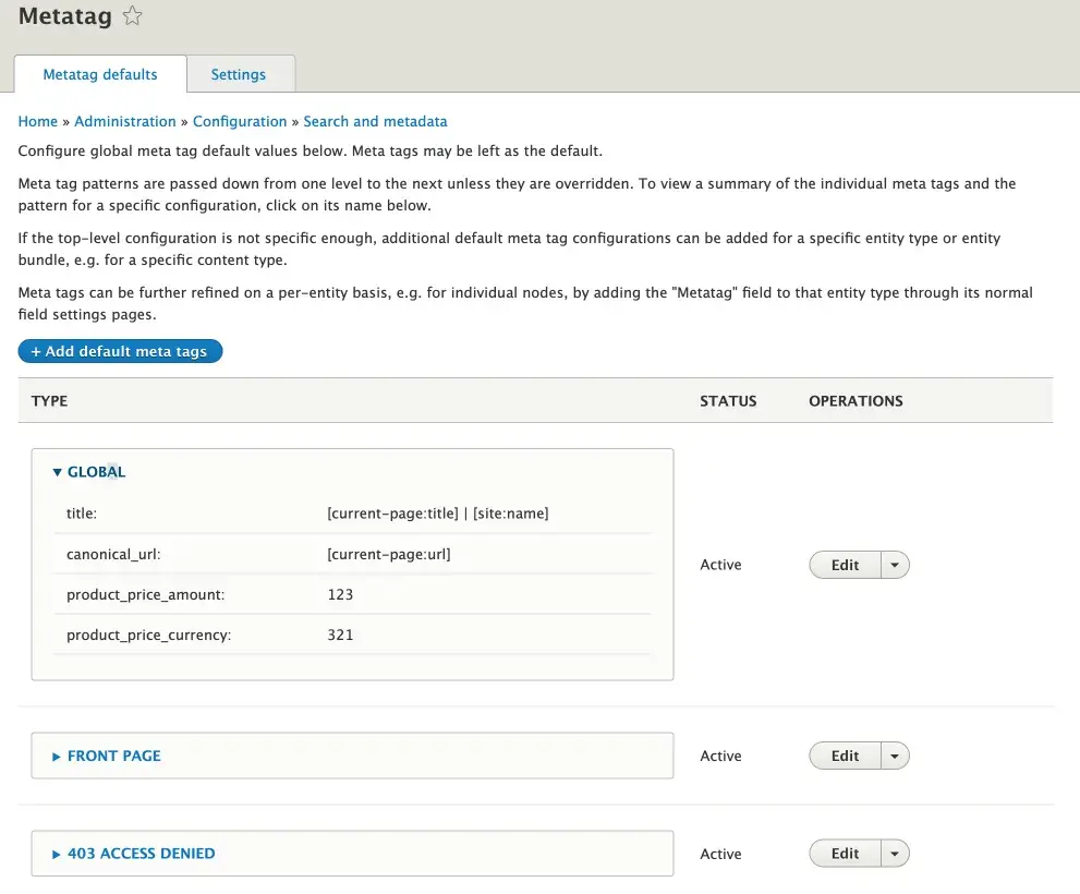 metatag feature on Drupal test site