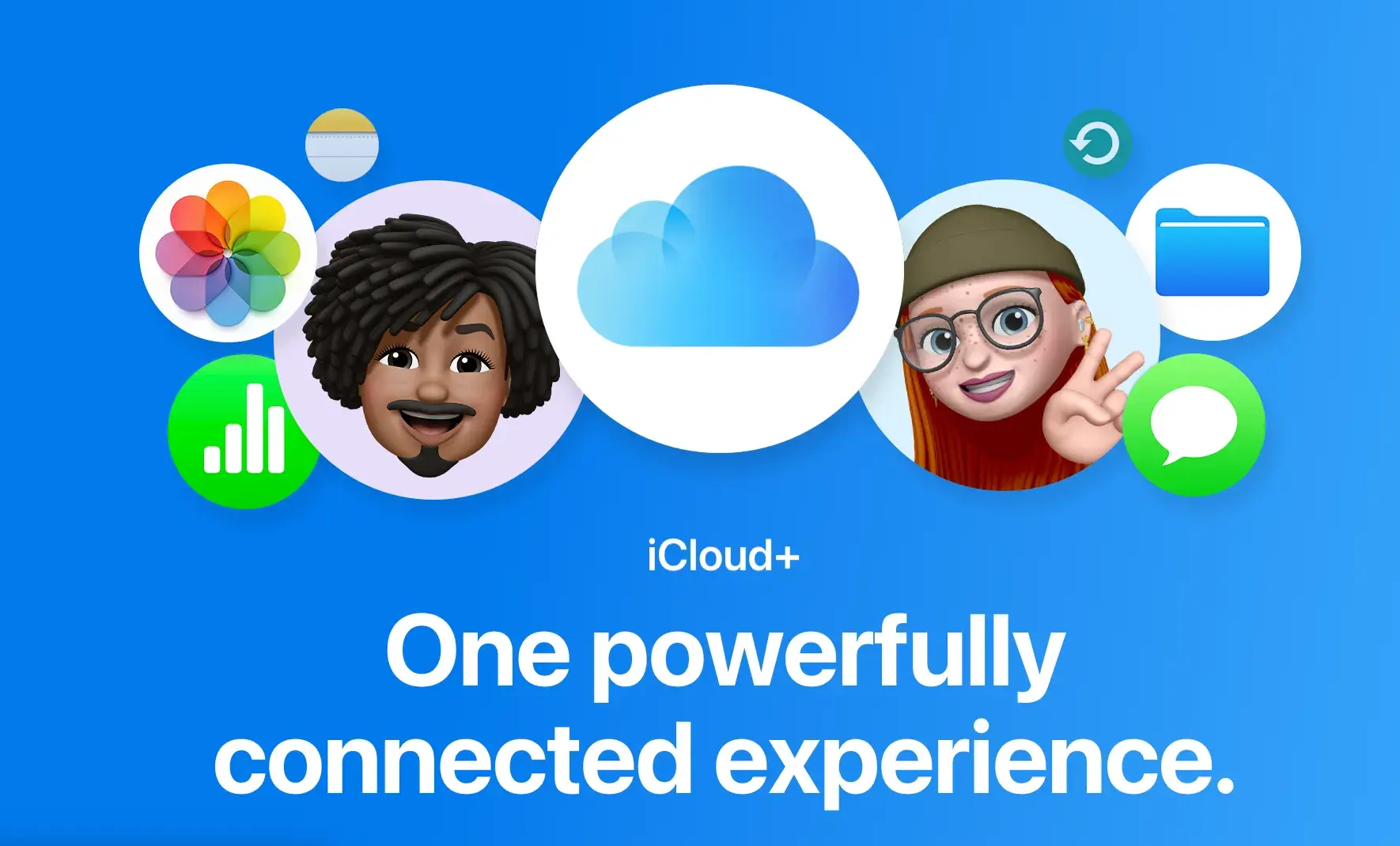 icloud+ graphic with icons representing features and one connected experience, digital customer experience