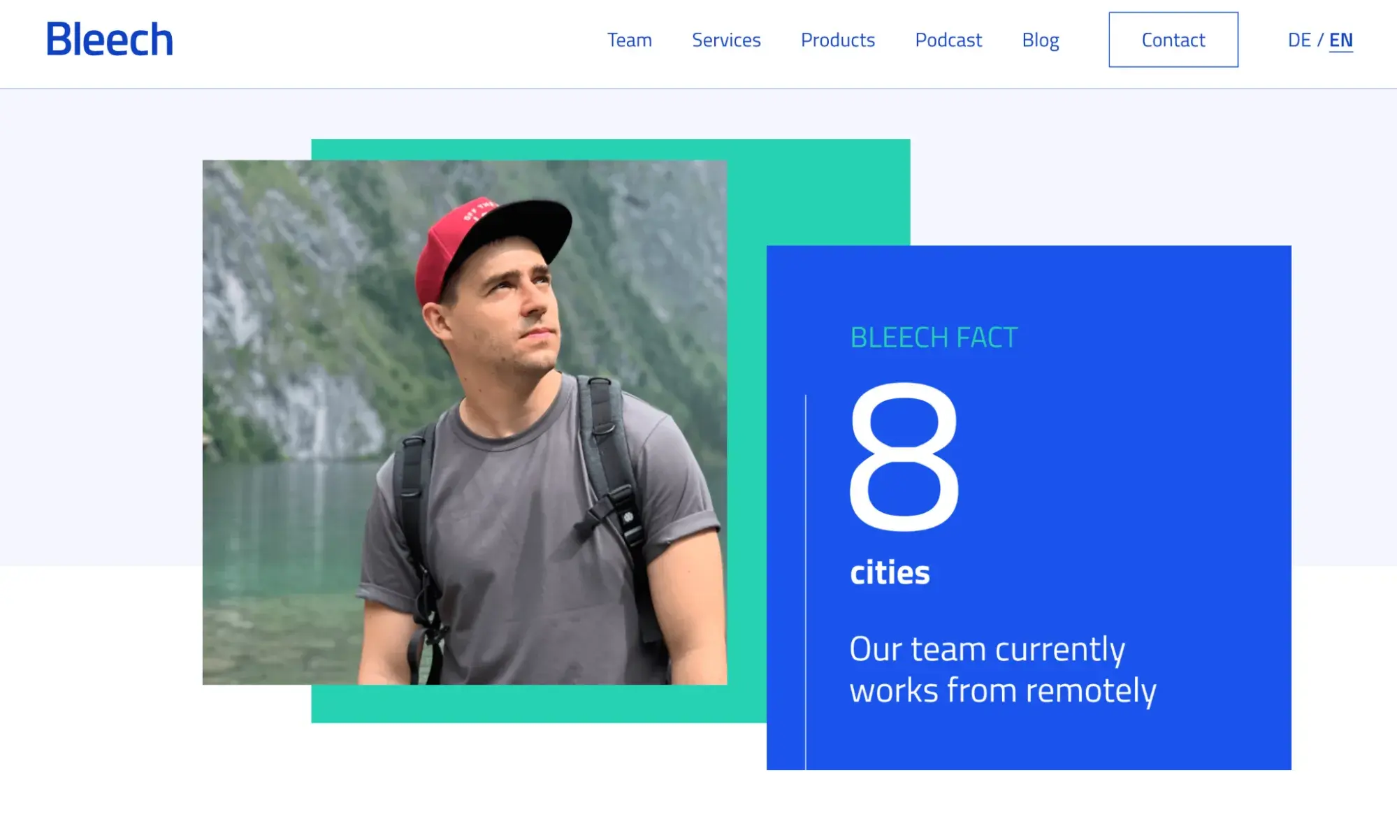 bleechs website with a fun fact showing that its team works remotely from eight cities