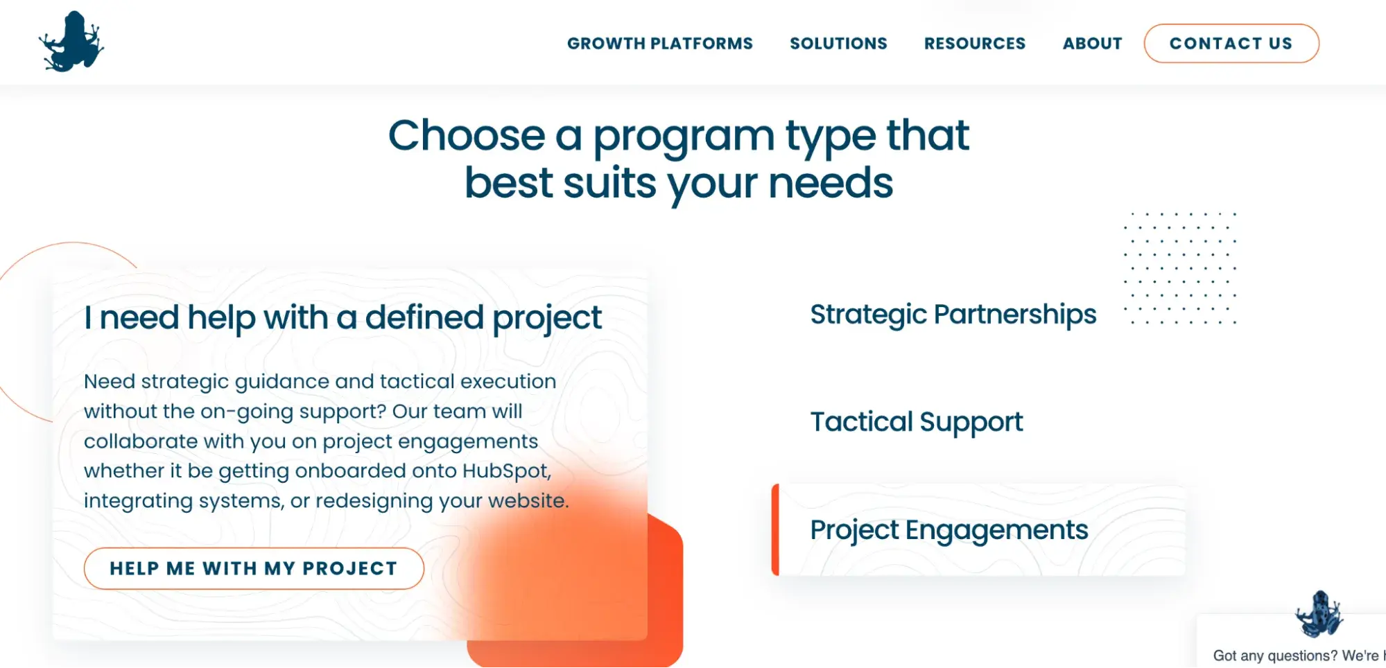 blue frogs homepage section that says, choose a program type that best suits your needs