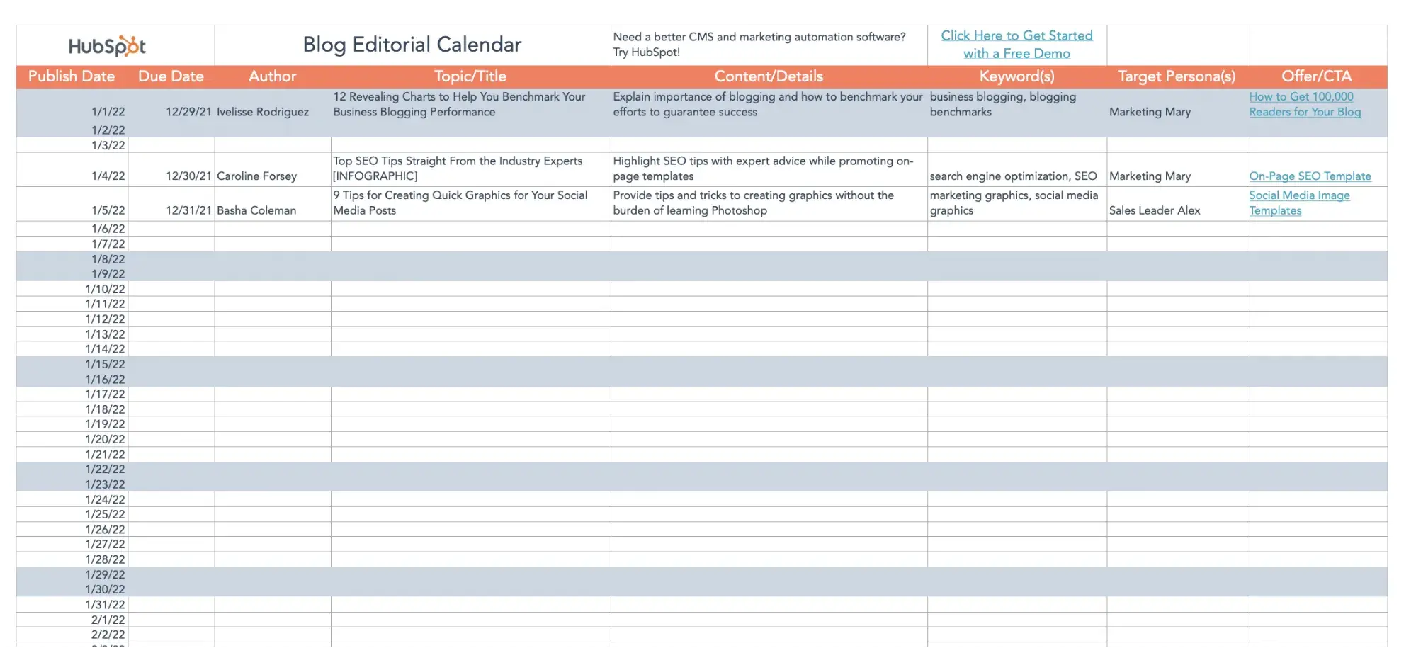 Screencap of HubSpot’s blog editorial calendar template.