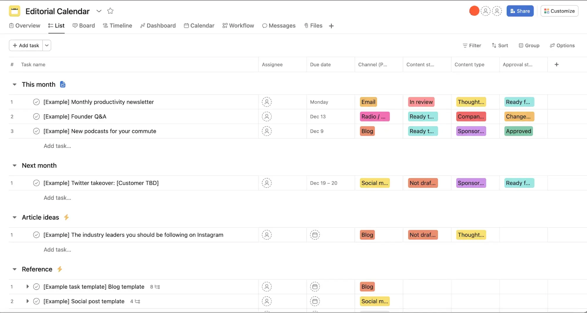 Screencap of Asana’s editorial calendar template, list view.