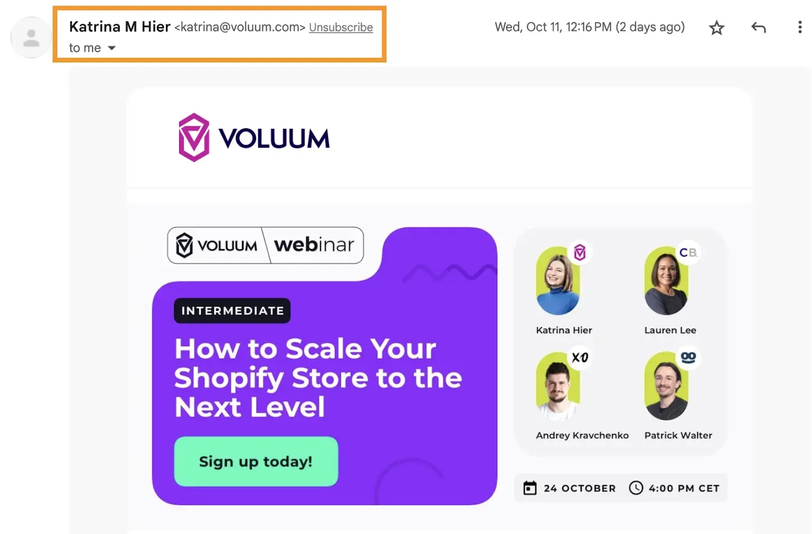 Screenshot of email sent by Voluum.com