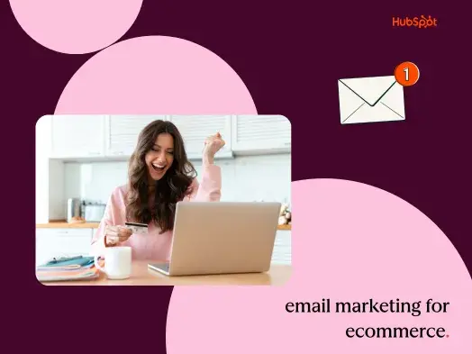 Happy woman on laptop looking up email marketing for ecommerce