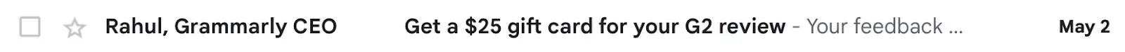 Email subject line, Get a $25 gift card for your G2 review.