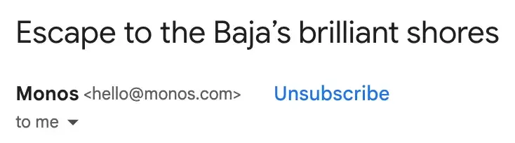 An email subject line from luggage brand Monos that says, “Escape to the Baja’s brilliant shores.”