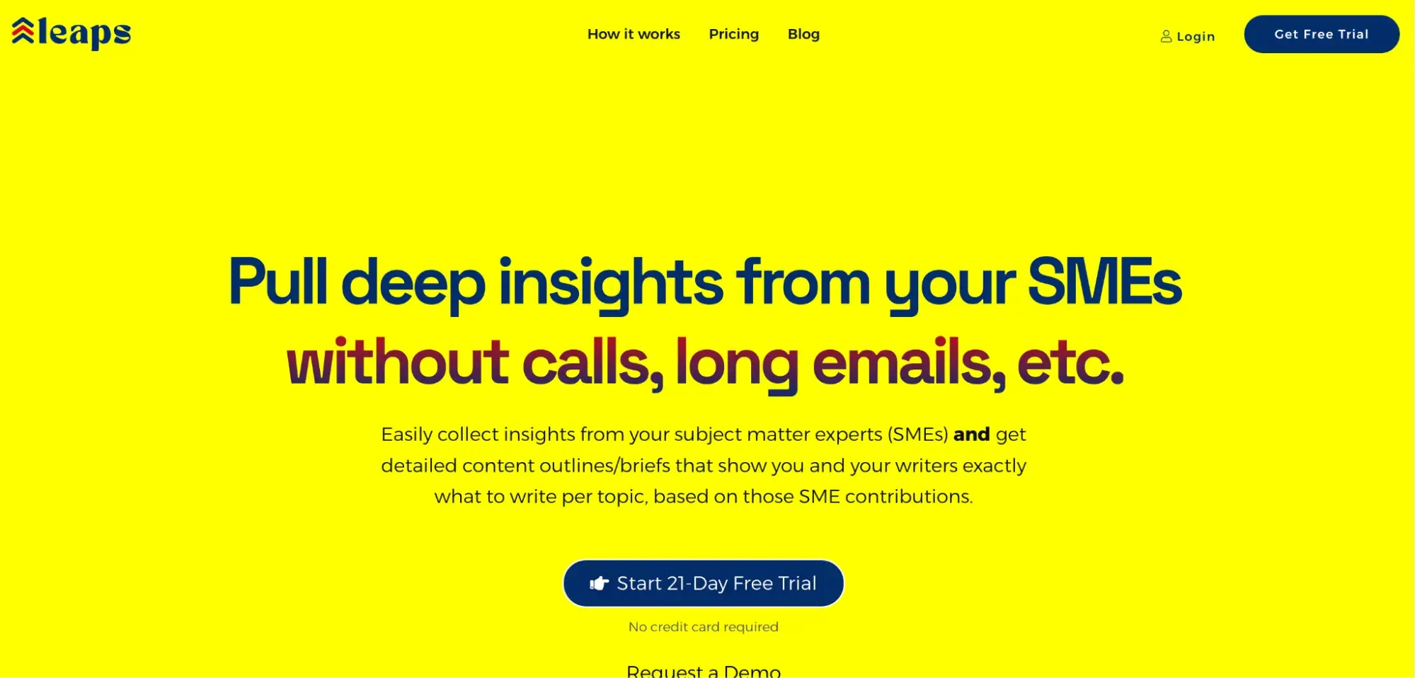 Screenshot of the Leaps website homepage with a bright yellow background. The header reads “Pull deep insights from your SMEs without calls, long emails, etc.” The page offers a free trial to collect insights from subject matter experts.