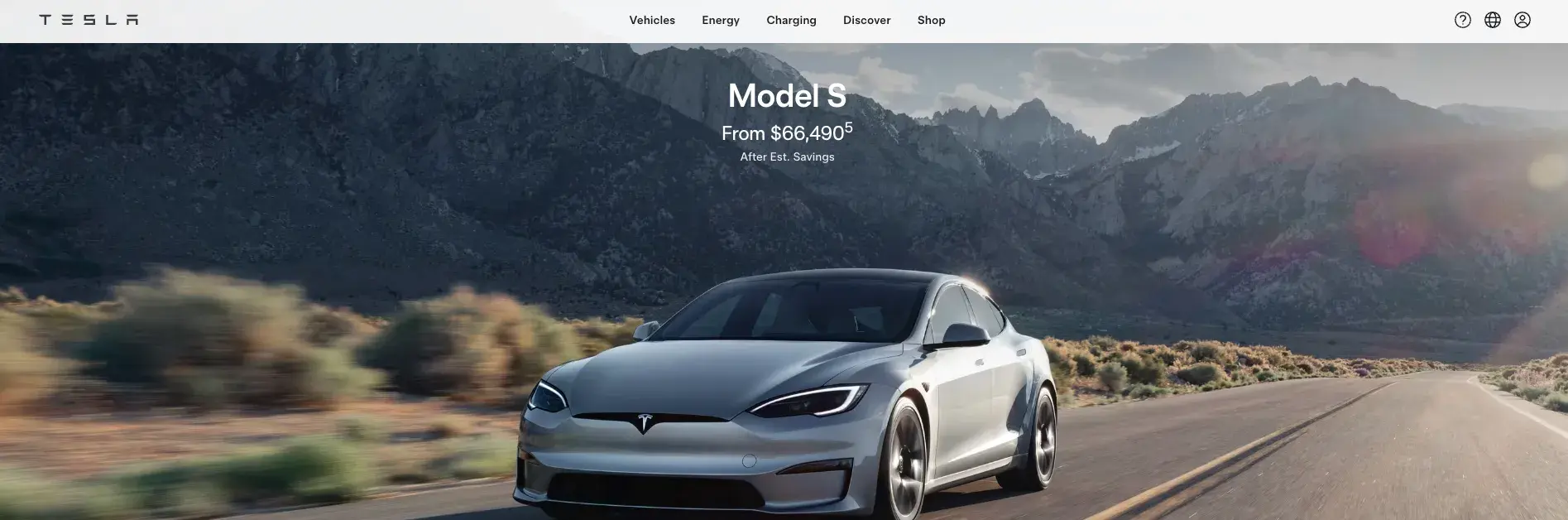 what's an entrepreneur, example of serial entrepreneur. Tesla website homepage featuring their Model S electric car. The car is shown driving on a road with mountains in the background. The page displays the starting price for the Model S and includes navigation options for different Tesla products and services at the top of the page.