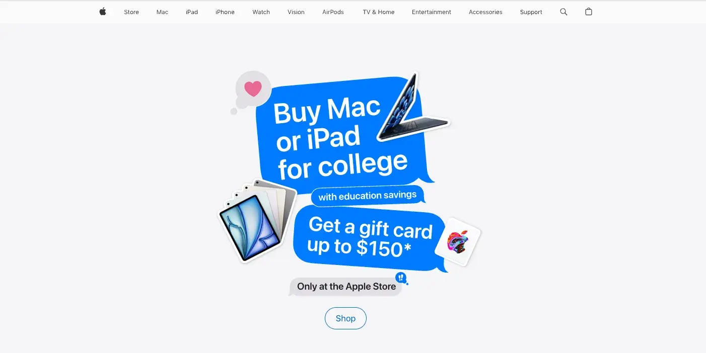 what's an entrepreneur, example of innovative entrepreneur. Apple website homepage, featuring a promotion for college students. The main text reads “Buy Mac or iPad for college” with additional text mentioning education savings and a gift card offer up to $150.