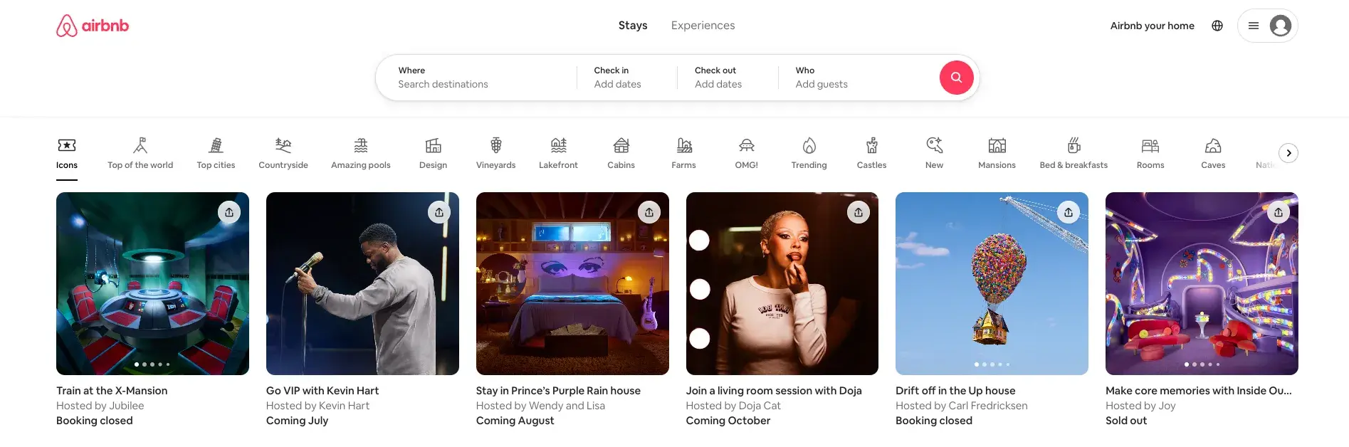 what's an entrepreneur, example of scalable startup. Airbnb website homepage with a search bar at the top and a row of category icons below it. The main content area features a grid of unique accommodations, including themed rooms and experiences. 