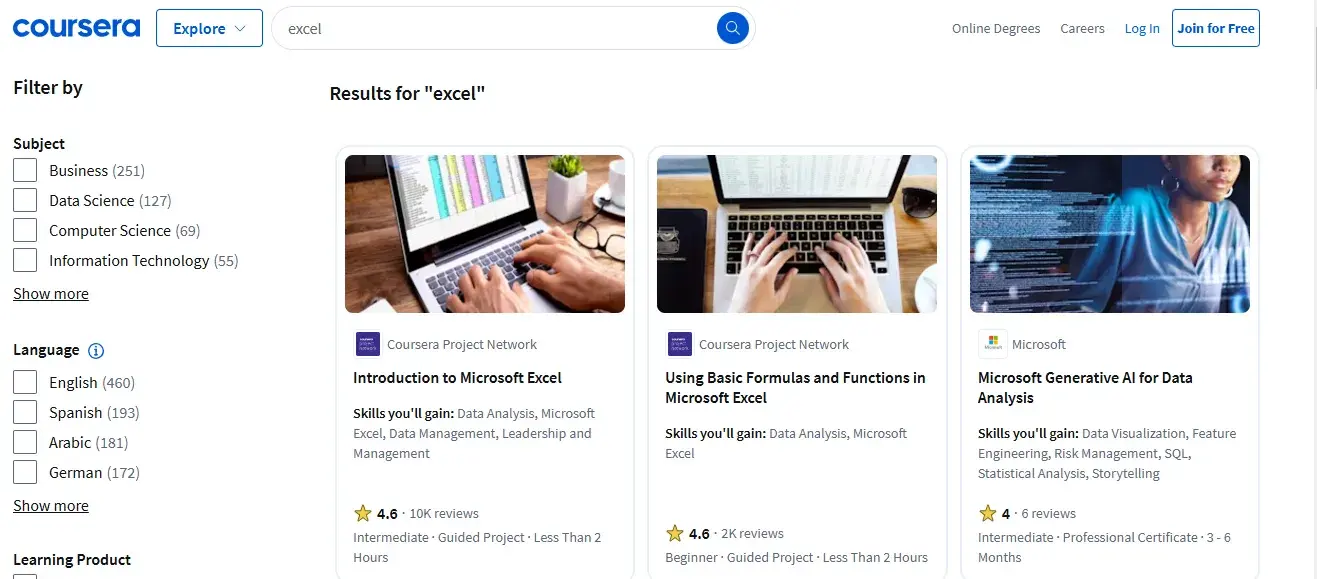 coursera, excel resources