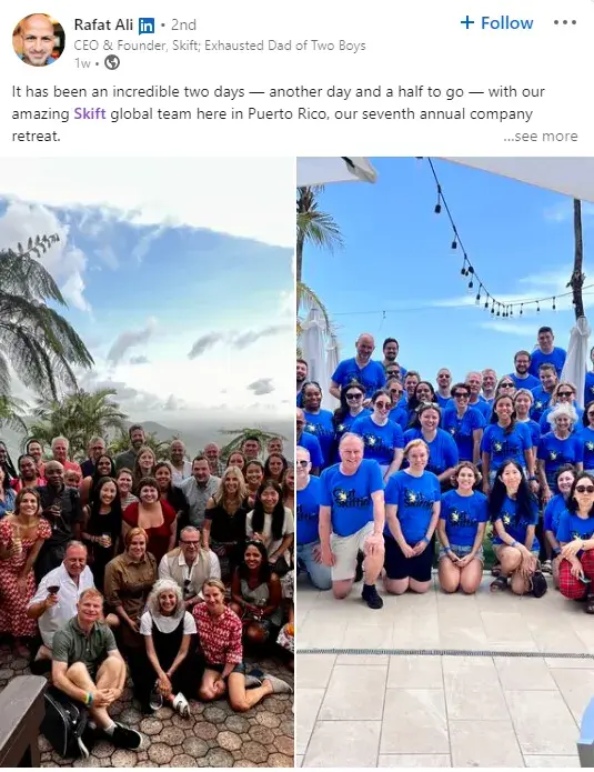 Screencap of a LinkedIn post by Skift CEO Rafat Ali, showing two pictures of employees in Puerto Rico.