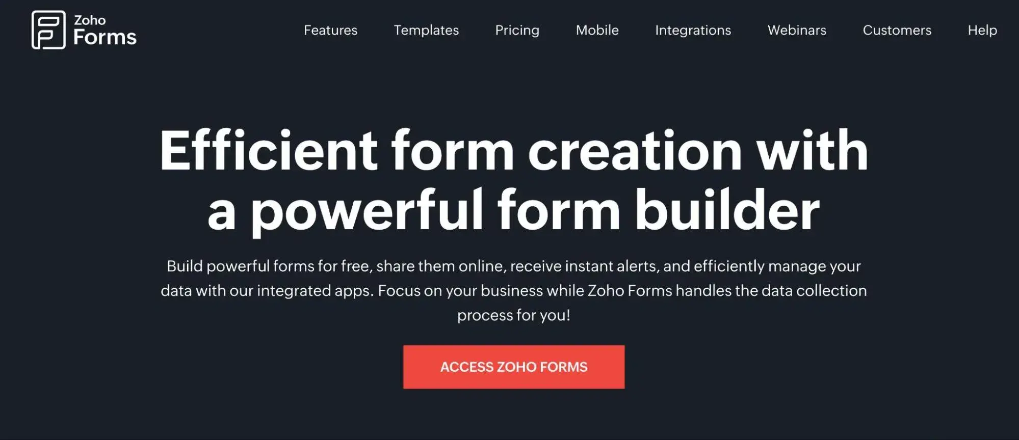 The Zoho Forms homepage