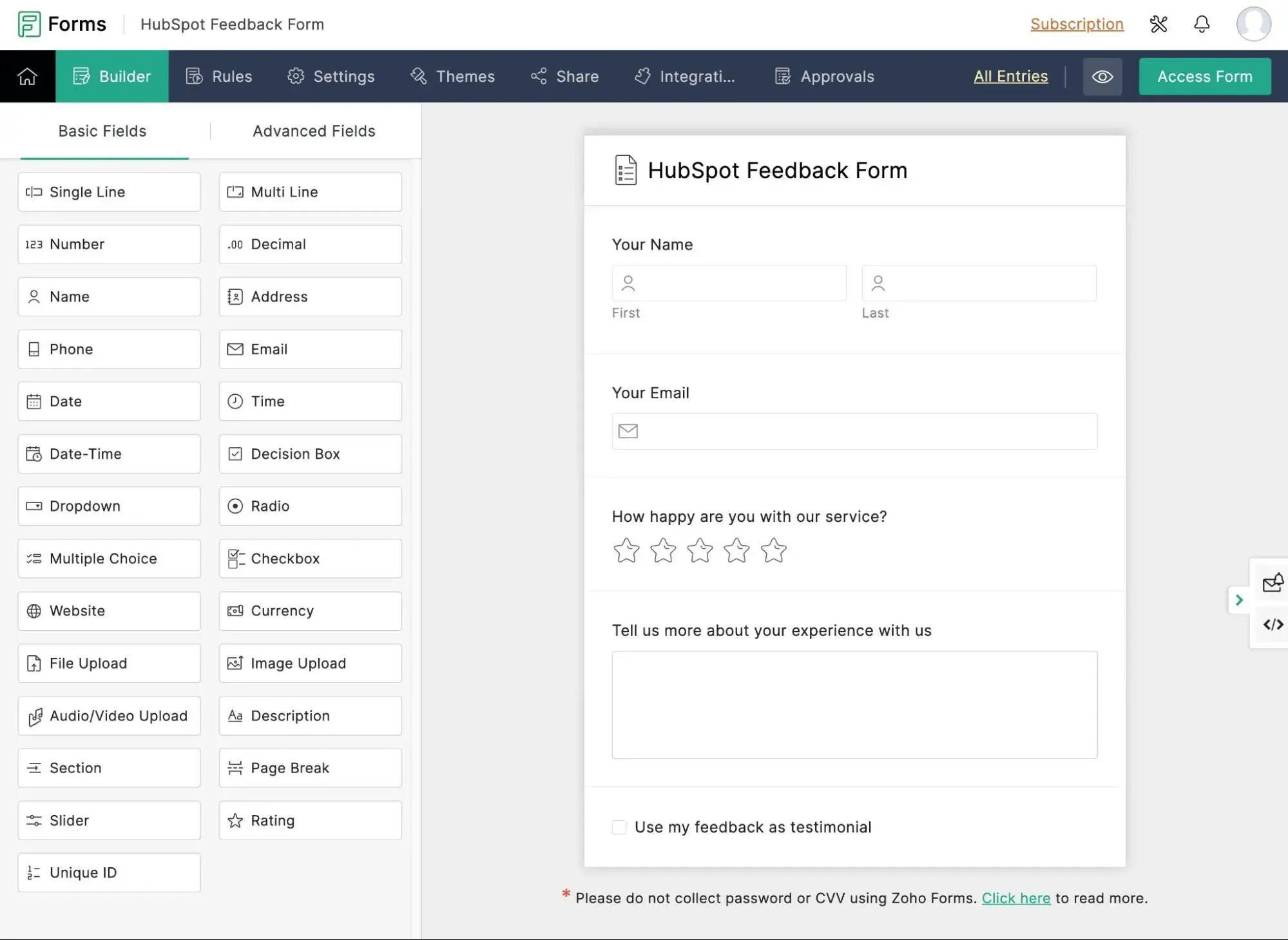 The Zoho Forms interface