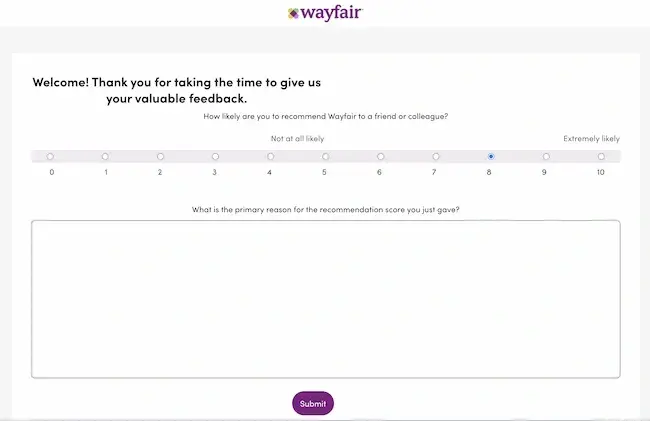 feedback form examples, wayfair