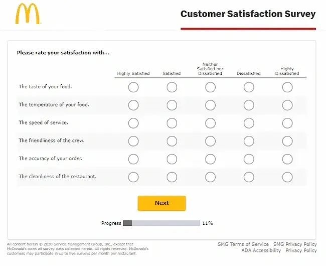feedback form examples, mcdonalds