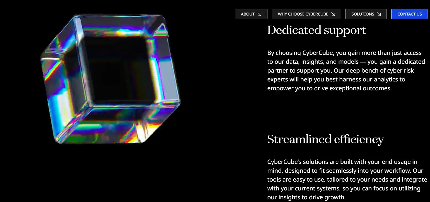 CyberCube website using a video wrapper on the left and text columns on the right 