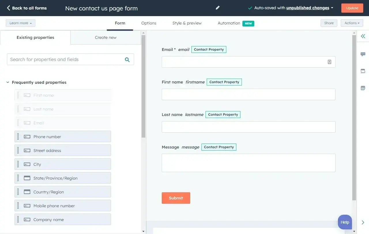 form tools: HubSpot contact fields