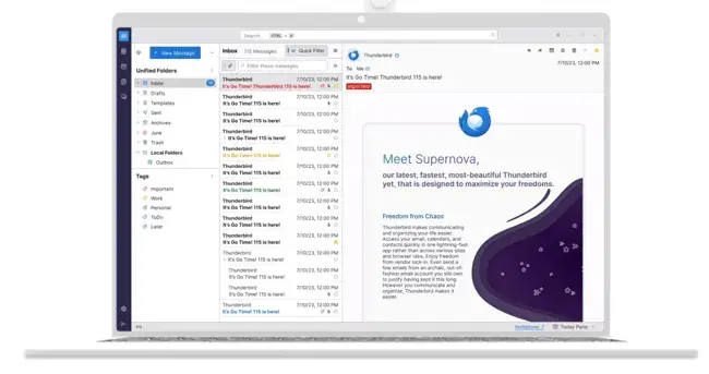 Graphic showing what the Mozilla Thunderbird inbox can look like displayed on a laptop screen.