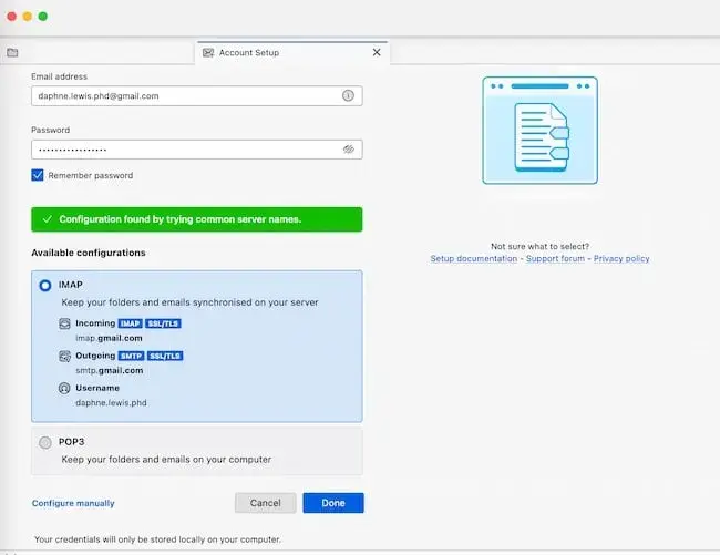 Screenshot showing what the Mozilla Thunderbird set-up process looks like.