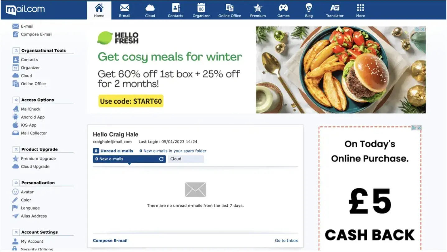 Screenshot showing what the Mail.com inbox homepage can look like.