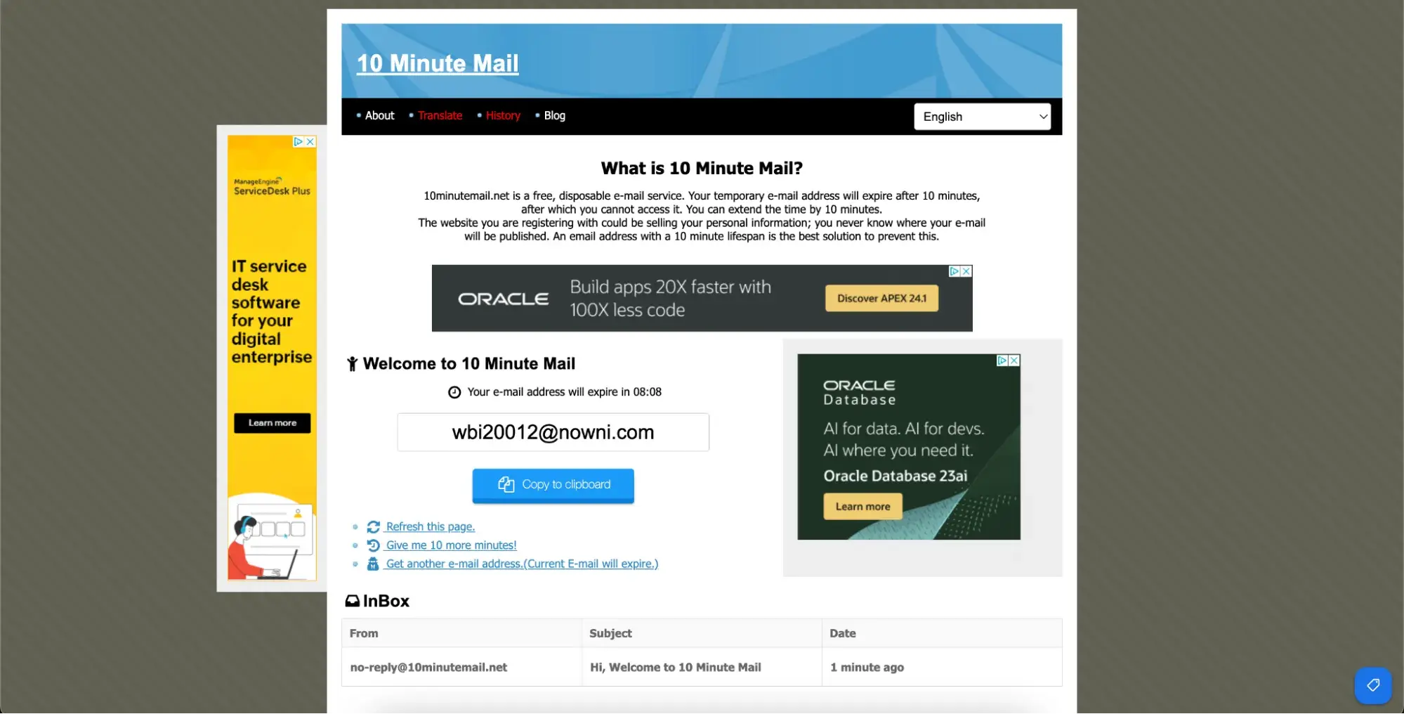 Screenshot showing the 10 Minute Mail website and user experience.