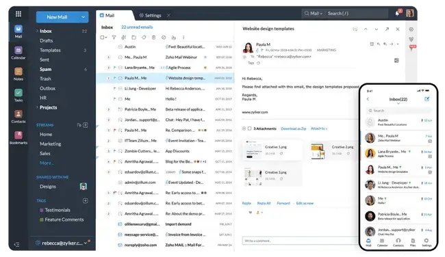 Graphic showing what the Zoho inbox looks like on desktop and mobile.