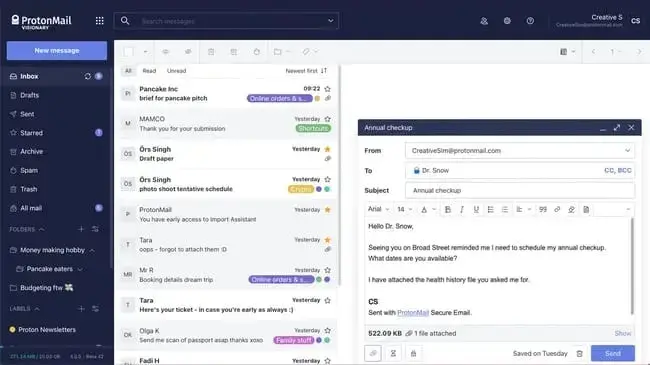 Screenshot showing what composing an email in ProtonMail can look like.