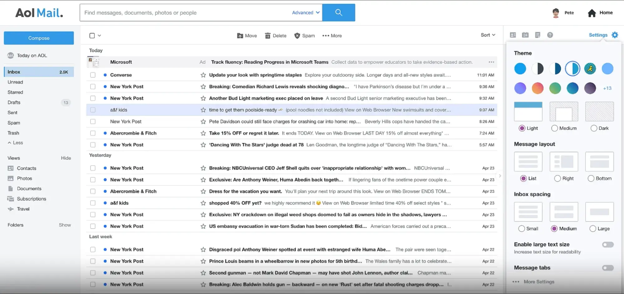 Screenshot showing what an AOL Mail inbox can look like.