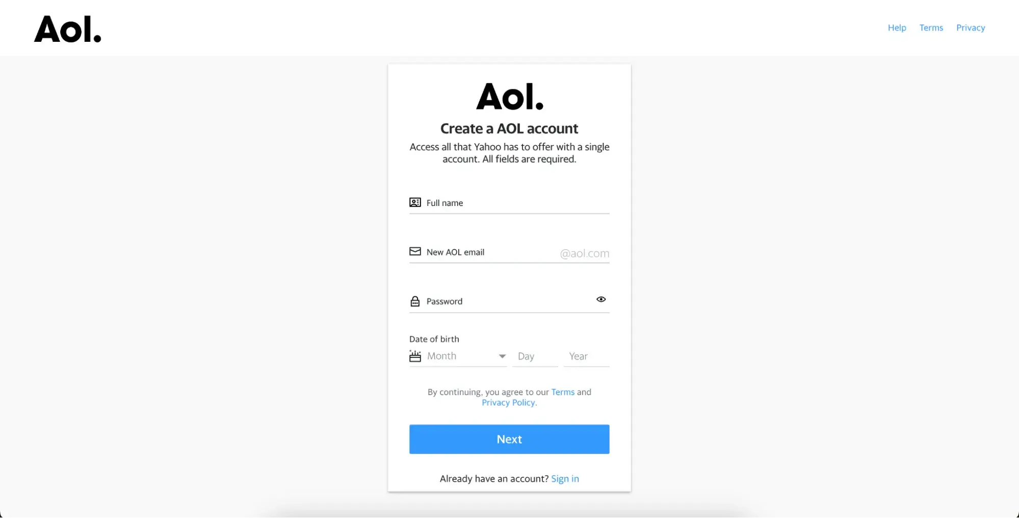 Screenshot showing the AOL account creation page.