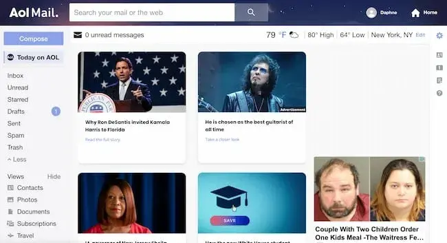 Screenshot showing what an AOL mail homepage can look like.