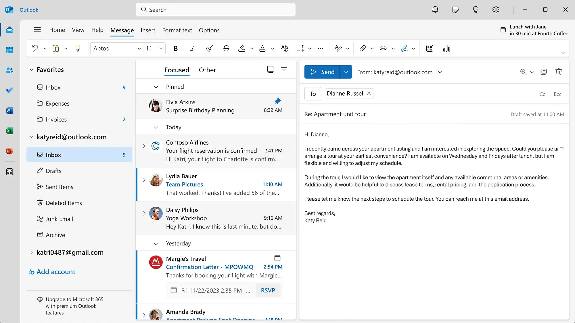 Screenshot showing what an Outlook inbox can look like.