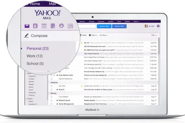 Graphic showing what the Yahoo! Mail inbox can look like displayed on a laptop screen.