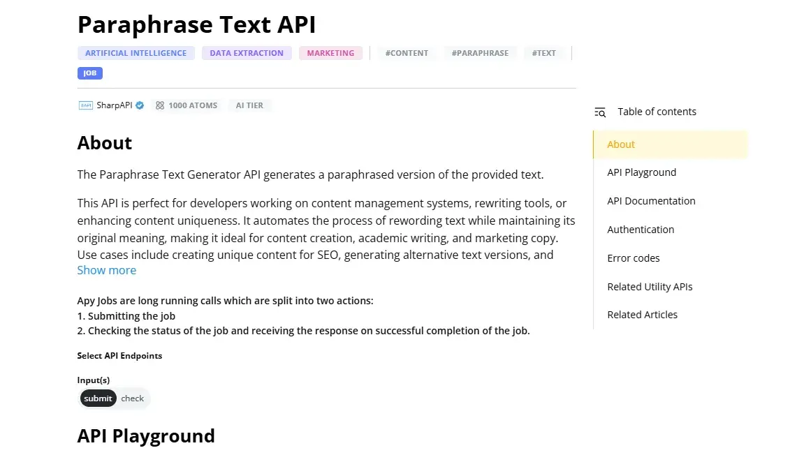 paraphrase text api homepage