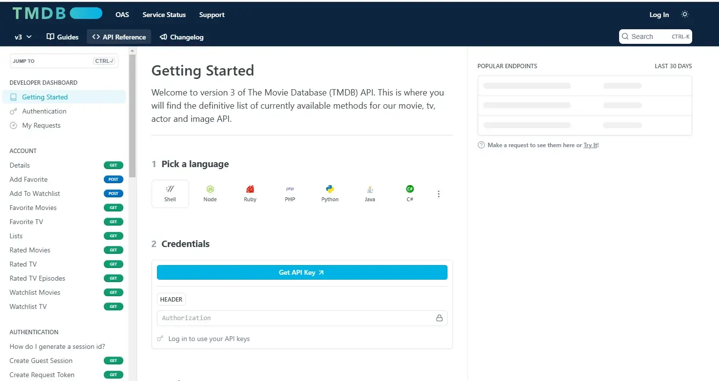 the movie database getting started page