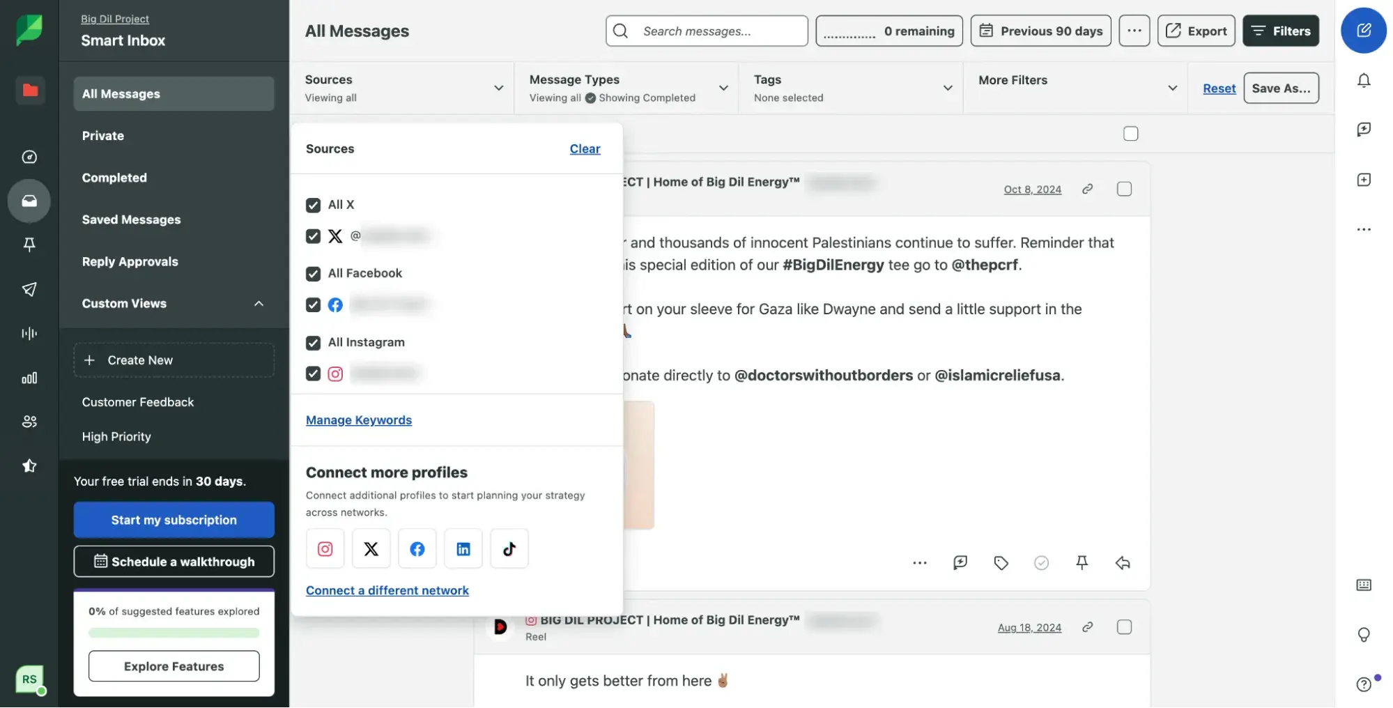 Screenshot showing the Smart Inbox options in Sprout Social