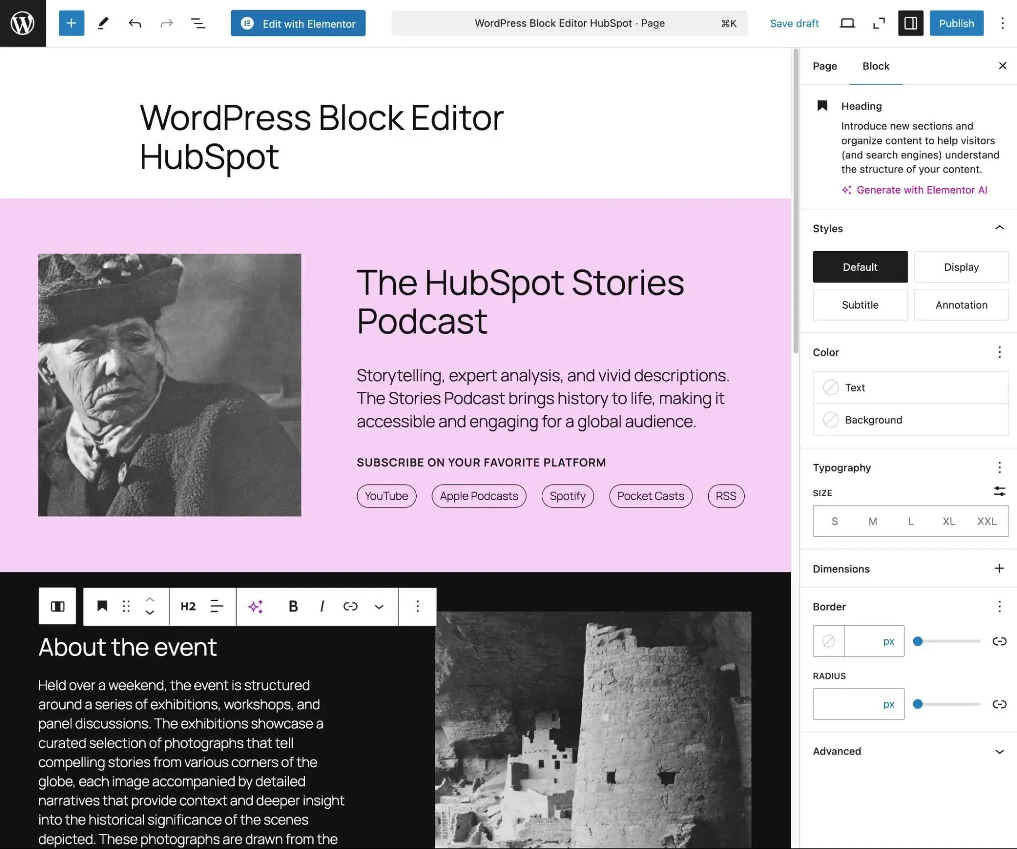 the built-in wordpress block editor for free website design