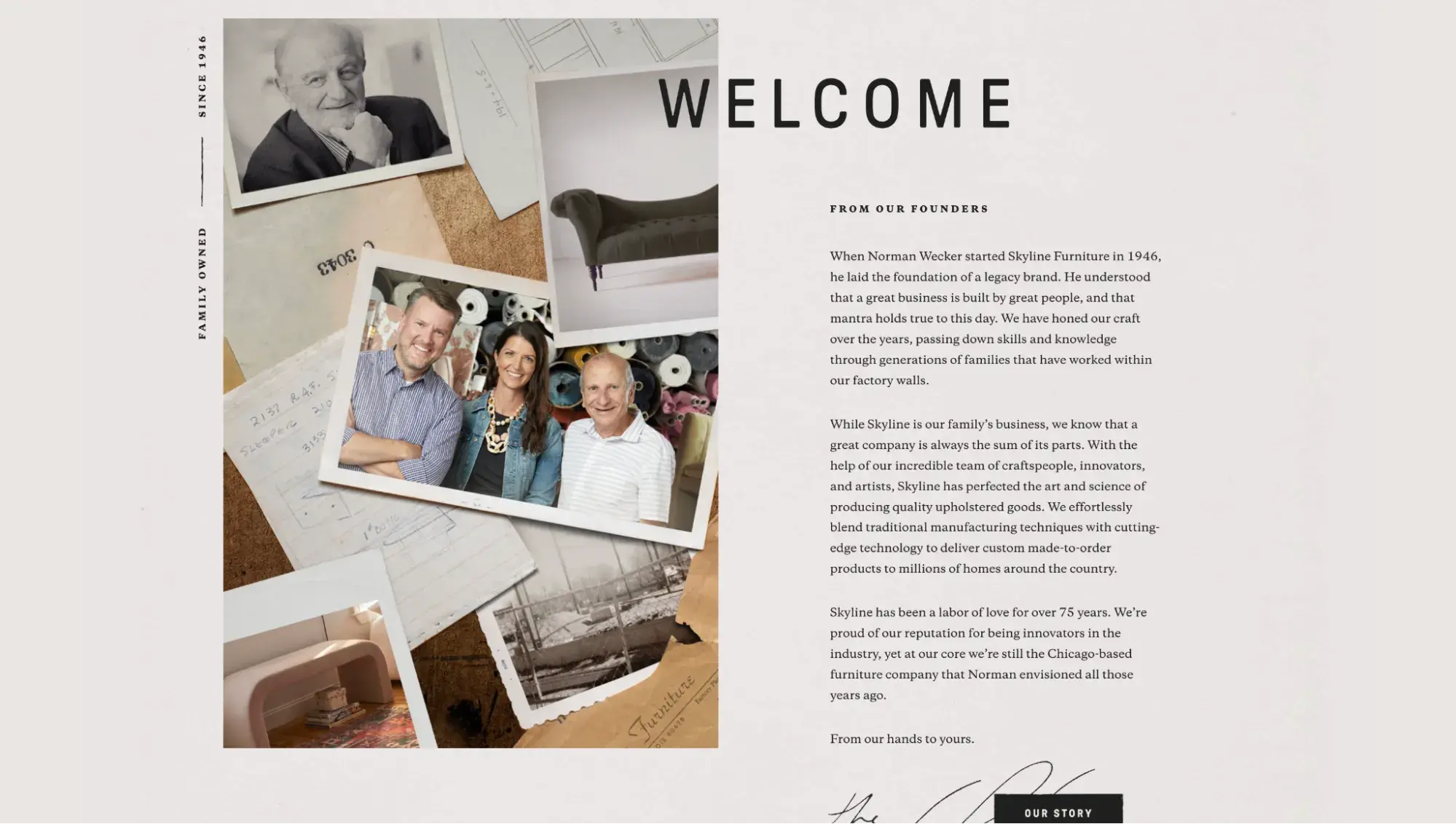 Skyline Furniture’s “Our Story” section introduces the founders