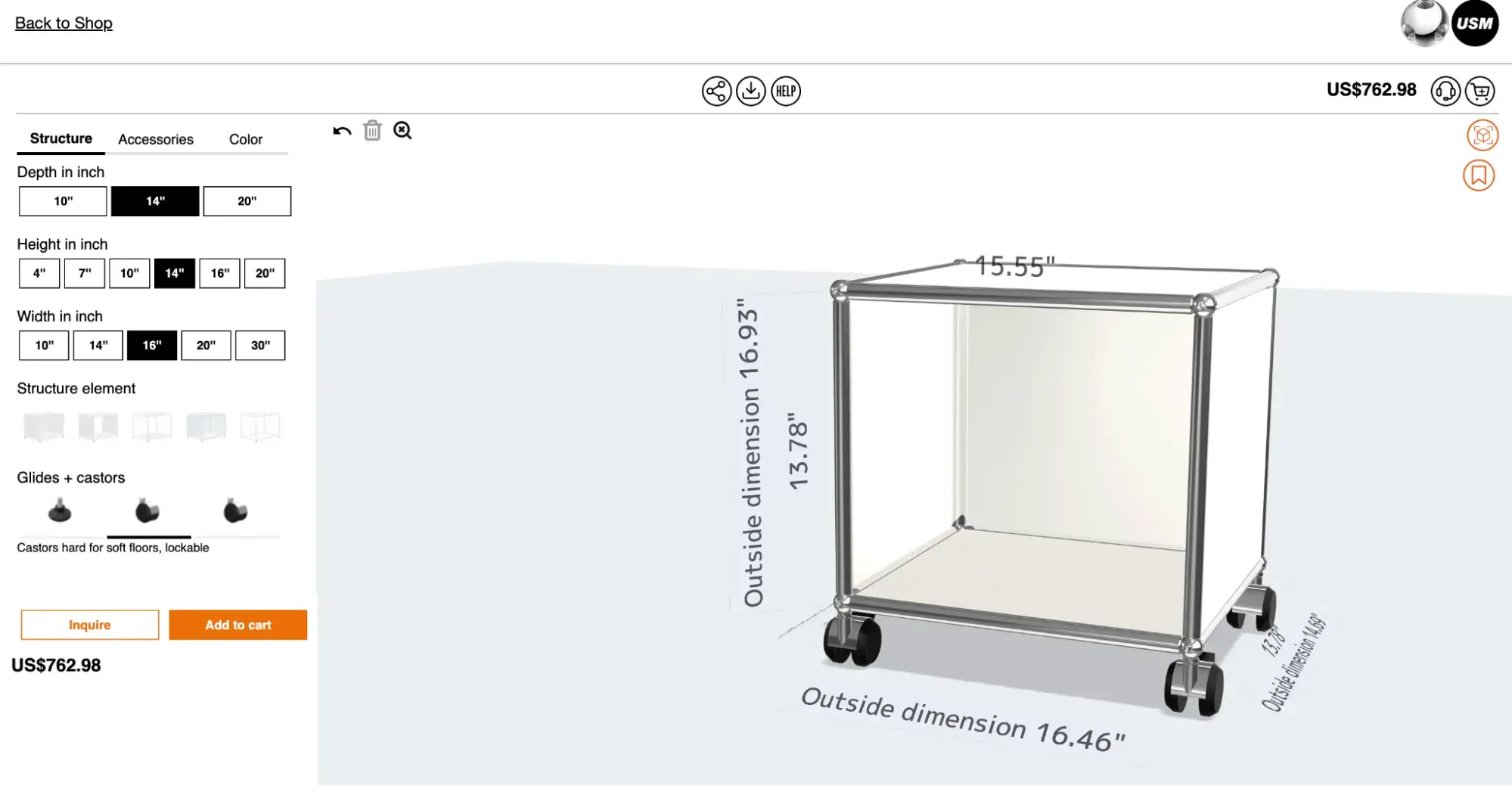 The USM configurator showing the dimensions of a piece of furniture