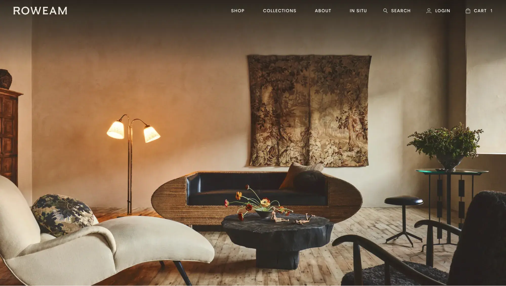 Roweam’s furniture website design with a full-screen hero image of a decorated interior in earthy colors