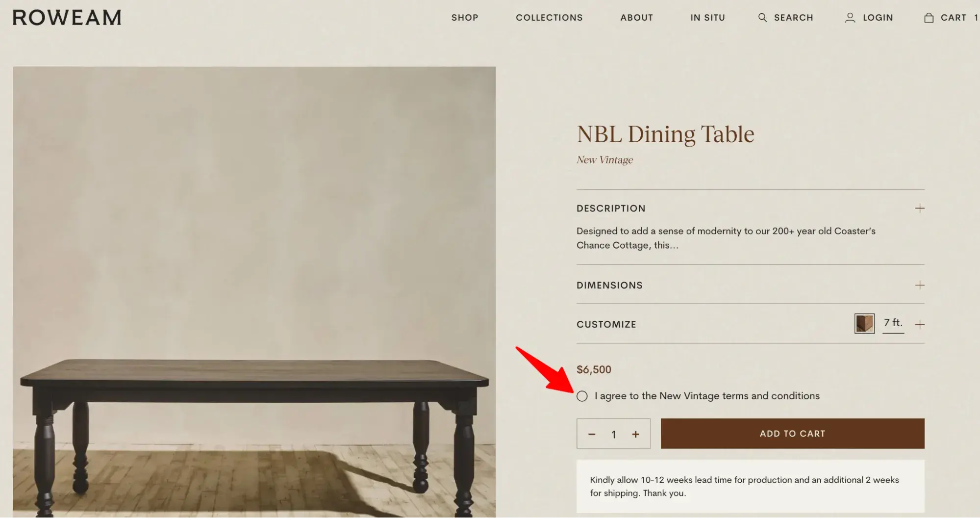 Roweam’s dining table product page with a radio button showing agreement to terms and conditions